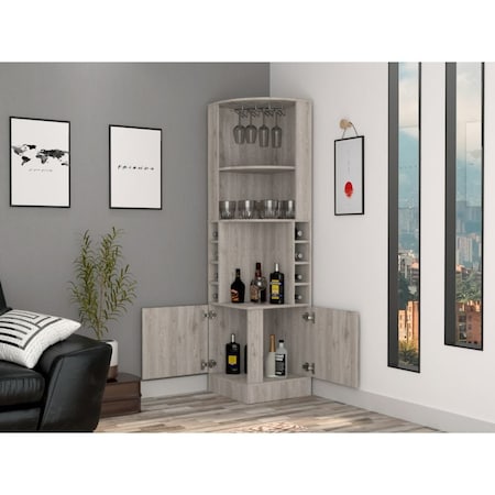 Tuhome Syrah Corner Bar Cabinet, Eight Bottle Cubbies, Double Door, Two Open Shelves, Light Grey BLZ6547